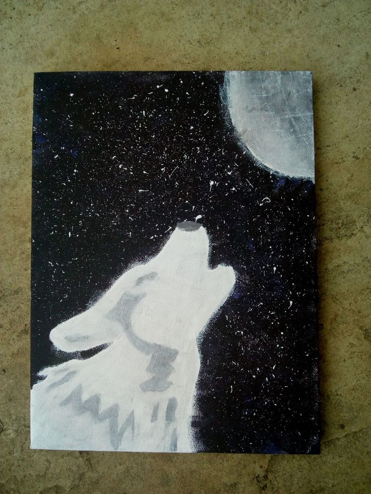 a painting of a white wolf with the moon in the sky above it on a black and white background