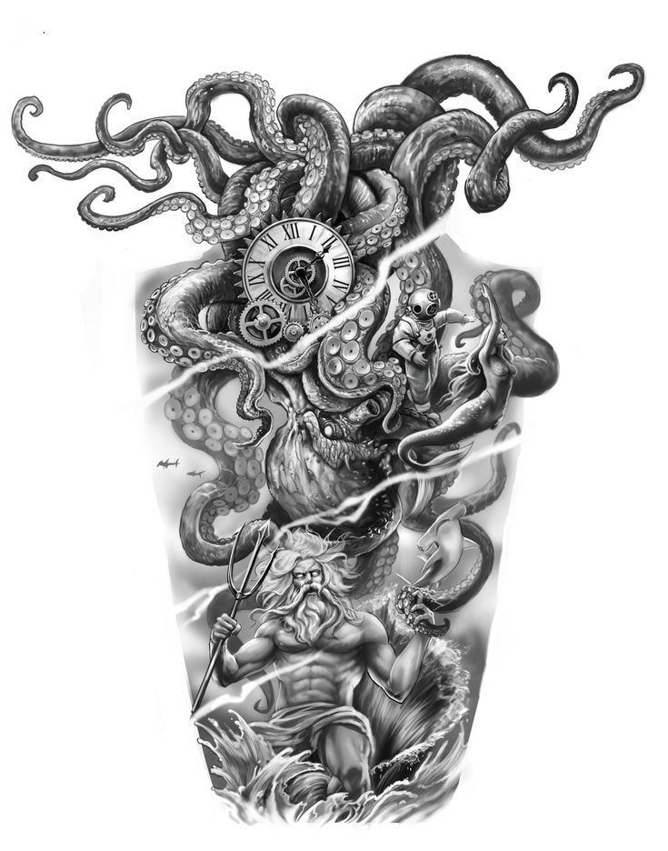 an octopus and devil tattoo design on a white background