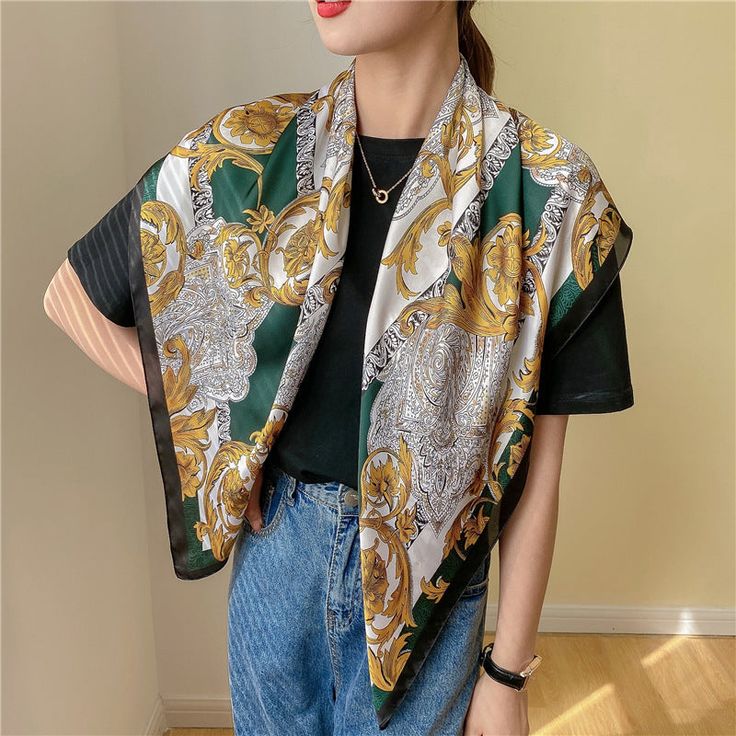 Scarf Korean, Lady Hair, Spain Fashion, How To Wear A Scarf, Scarf Material, Printed Scarf, Striped Scarves, Silk Shawl, Shawl Scarf