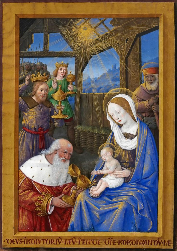 an image of the virgin and child with other people around it, including a man holding a baby