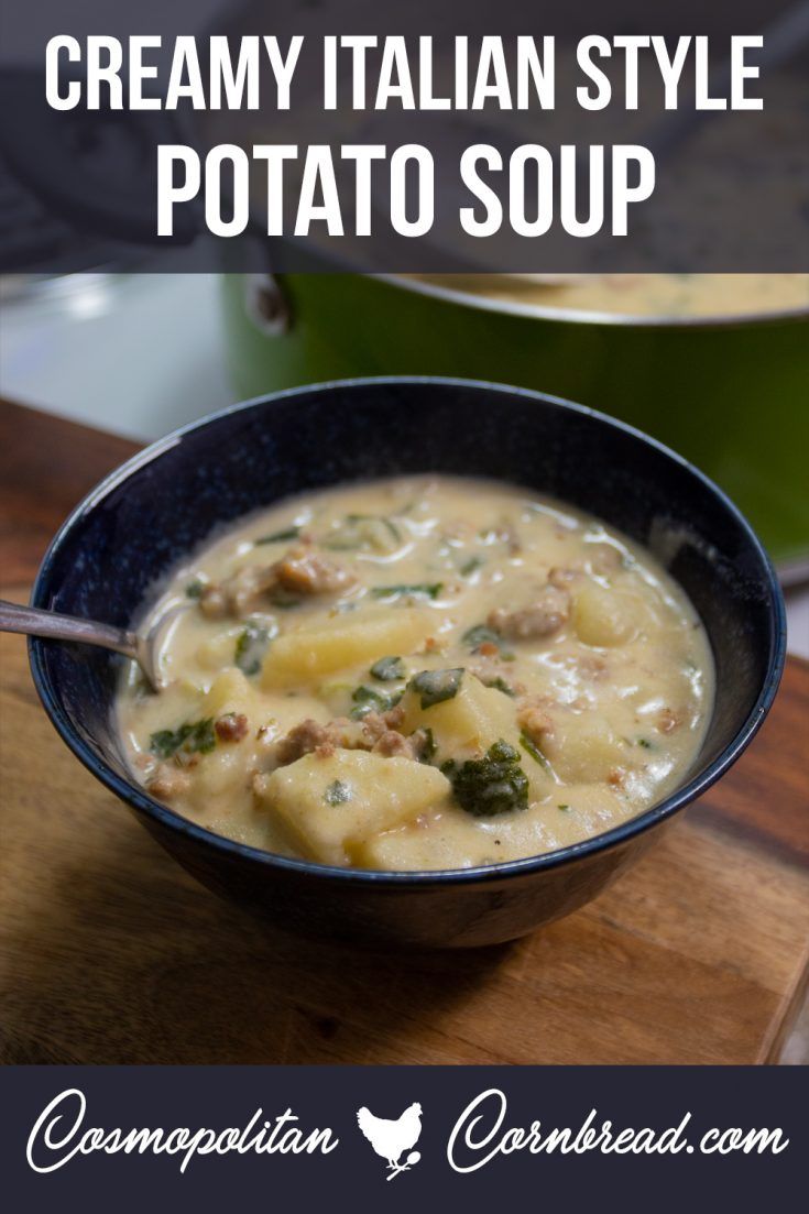 creamy italian style potato soup in a blue bowl on a wooden cutting board with text overlay