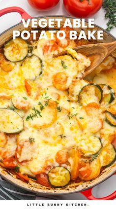 the cover of vegetable potato bake is shown with tomatoes and zucchini