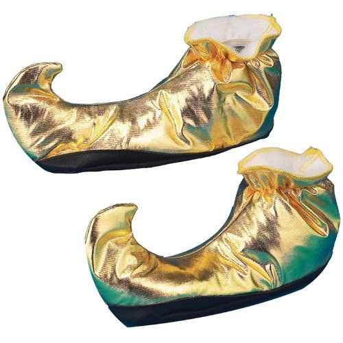 two shiny gold shoes with bows on them