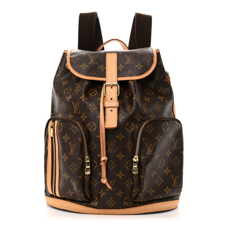 This is an authentic LOUIS VUITTON Monogram Bosphore Backpack. This stylish backpack is crafted of monogram coated canvas and vachetta leather trim. The bag features front zipper pockets, a large side zipper pocket, a vachetta leather top handle, brown canvas shoulder straps, and polished gold hardware. The backpack includes a cross over flap with a buckle closure and top cinch cord. This opens to a spacious cocoa fabric interior. Louis Vuitton Monogram Bag, Designer Backpack, Louis Vuitton Backpack, Stylish Backpack, Stylish Backpacks, Monogram Bag, Louis Vuitton Shoulder Bag, Brown Canvas, Designer Backpacks