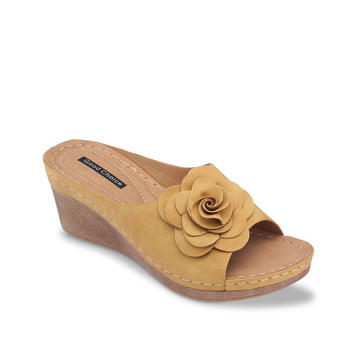 Good Choice-Tokyo Wedge Sandal The Tokyo wedge sandal from Good Choice can take your summer appeal to the next level. Floral applique stands out lovely in this slip-on sandal. Its cushioned footbed ensures underfoot comfort, while the sturdy wedge offers style and stability. Yellow Synthetic Sandals With Arch Support, Yellow Sandals With Arch Support For Spring, Comfortable Yellow Clogs For Spring, Comfortable Yellow Spring Clogs, Yellow Beach Wedge Sandals With Cushioned Footbed, Yellow Wedge Sandals With Cushioned Footbed For Beach, Spring Slip-on Flat Wedge Sandals, Spring Open Toe Slip-on Wedge Sandals, Spring Slip-on Open Toe Wedge Sandals