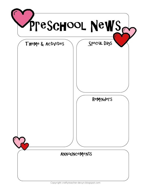 a printable preschool news page with hearts