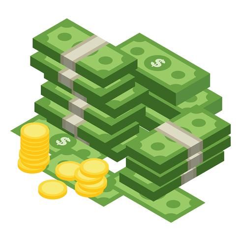 stacks of dollar bills and gold coins on a white background illustration in flat 3d style