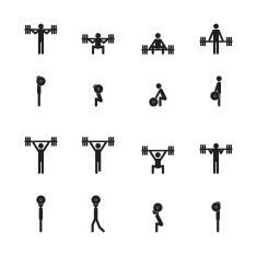 the silhouettes of people doing different exercises with dumbbells and barbells