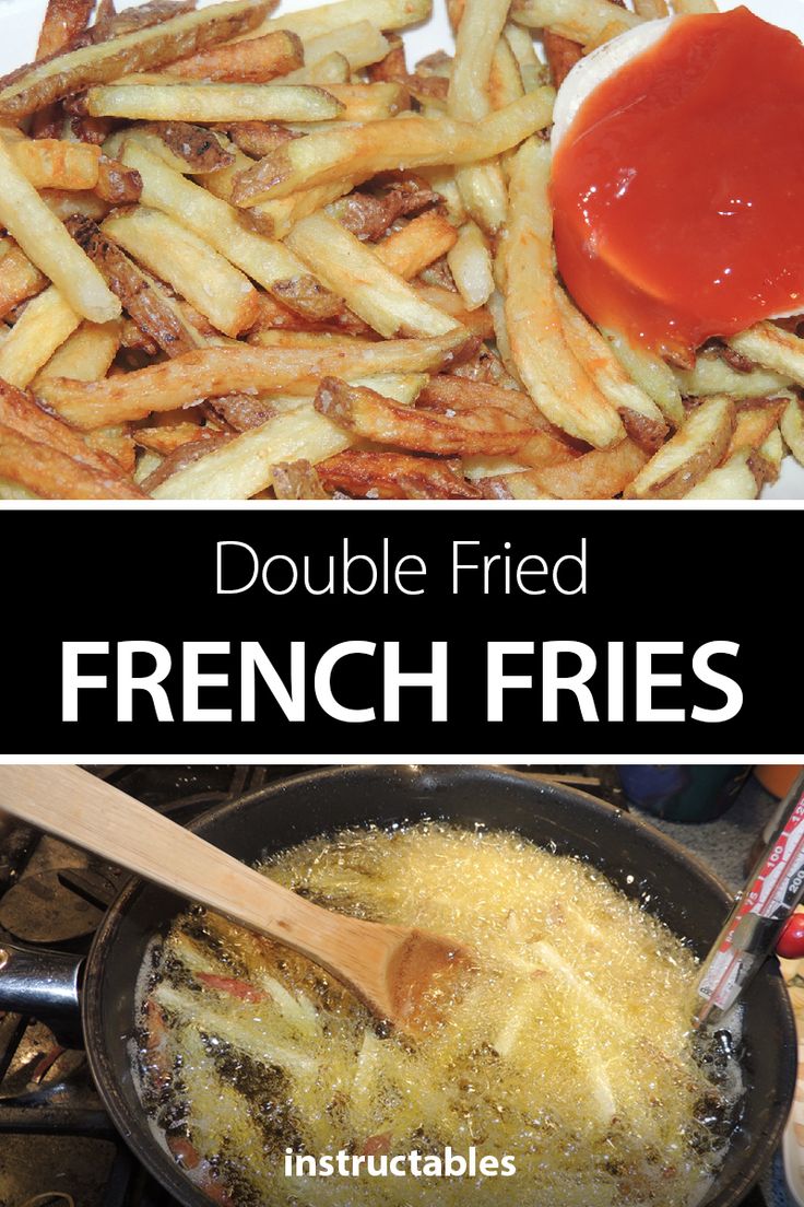 french fries are being cooked in a frying pan with sauce on top and the words, double fried french fries