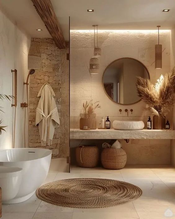 a bathroom with a large round mirror next to a bathtub and sink in it