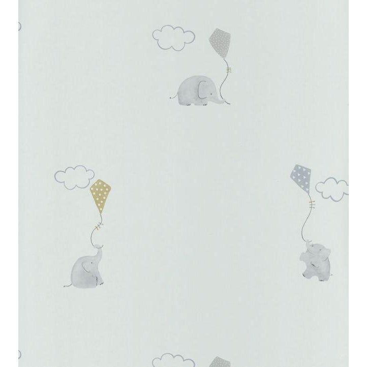 an elephant with a balloon flying in the sky on a cloud wallpaper pattern that is white and grey