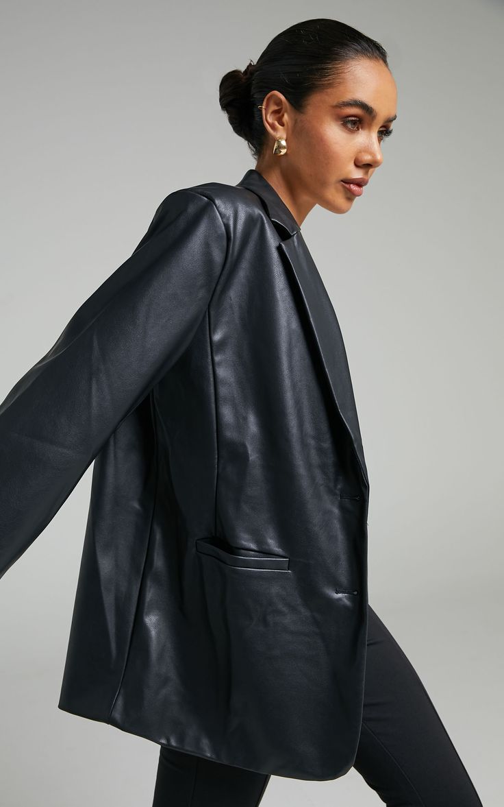 Samanfa Jacket - Faux Leather Jacket in Black | Showpo USA Sleek Faux Leather Winter Blazer, Sleek Faux Leather Blazer For Winter, Modern Faux Leather Business Outerwear, Modern Faux Leather Outerwear For Work, Fall Faux Leather Blazer For Workwear, Fall Faux Leather Blazer For Work, Fall Faux Leather Workwear Blazer, Modern Faux Leather Outerwear For Office, Fall Workwear Blazer In Faux Leather