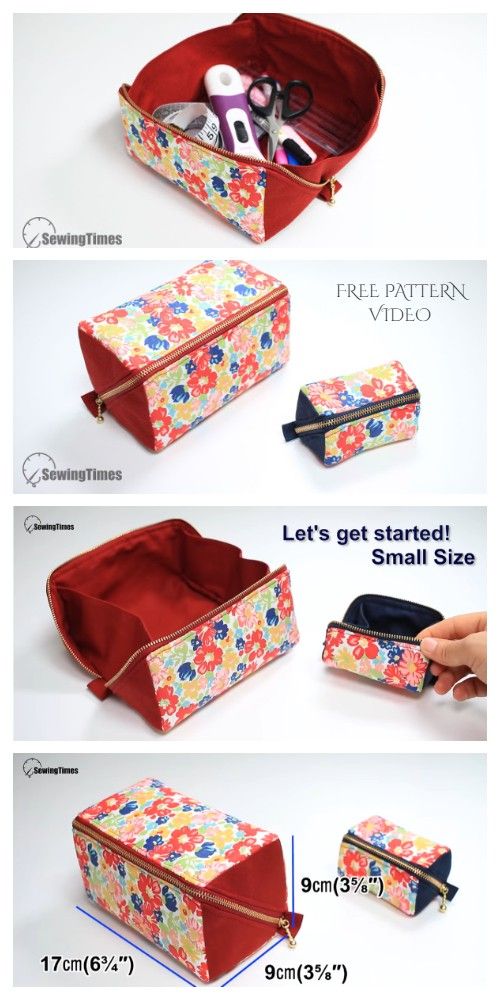 three images showing how to fold an empty cosmetic bag