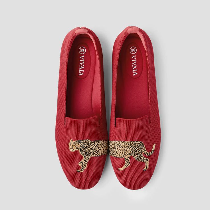 Audrey Round-Toe Embroidered Loafer for Bunions in Ruby Red-Cheetah | VIVAIA Embroidered Loafers, Comfortable Pillows, Most Comfortable Shoes, Pointed Heels, Leopards, Toe Designs, Walk On, Cleaning Clothes, Trending Shoes