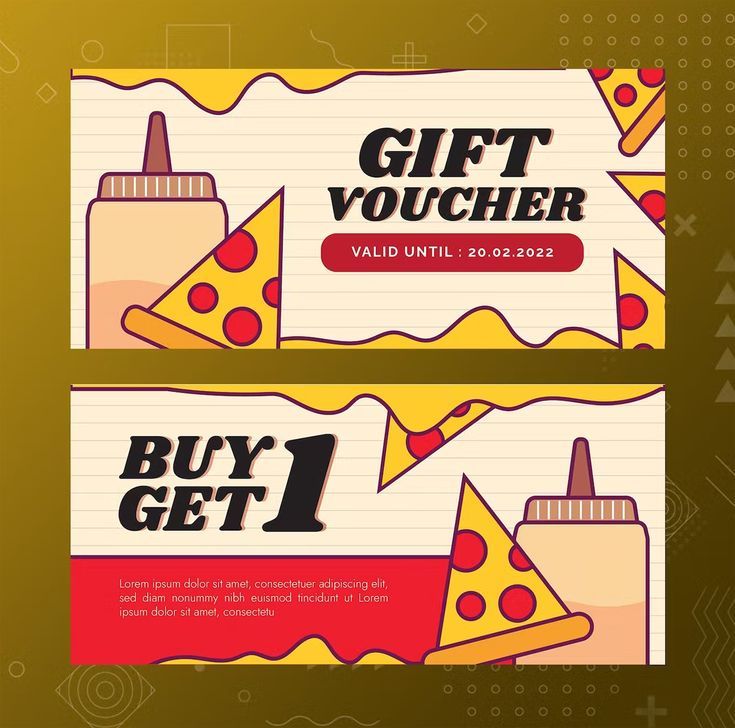 two gift voucher cards with pizza slices and condiments on them, one for $ 1