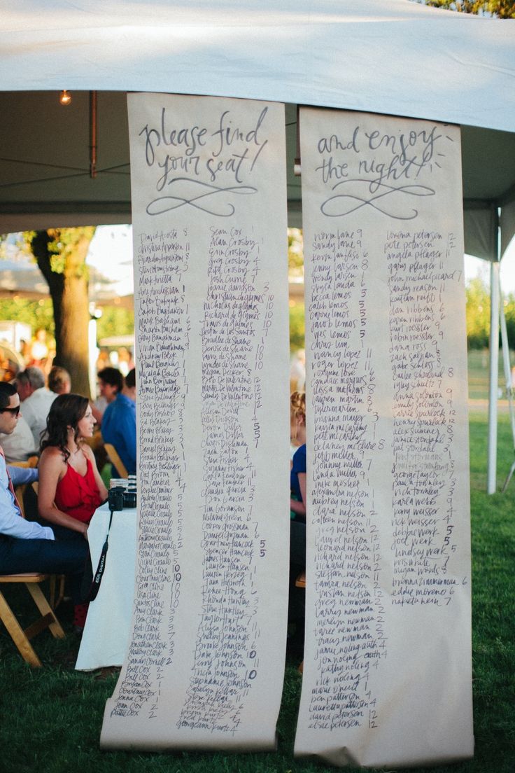 two large white signs with writing on them in front of people sitting under a tent