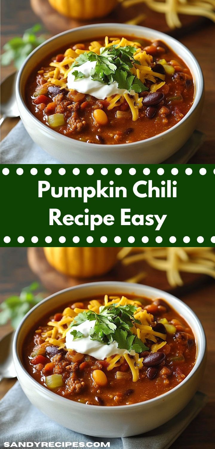 two bowls of pumpkin chili with cheese and sour cream on top, one in the middle