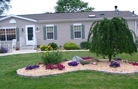 a house with a tree and flowers in the front yard