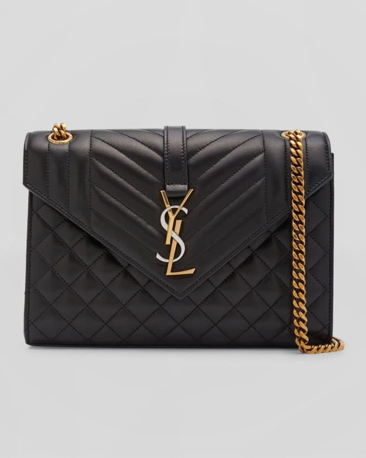 Saint Laurent Medium YSL Envelope Quilted Chain Shoulder Bag | Neiman Marcus Ysl Envelope Bag, Bronze Interior, Ysl Shoulder Bag, Purse Game, Ysl Logo, Yves Saint Laurent Bags, Dressy Fashion, Envelope Bag, Wallet Chain