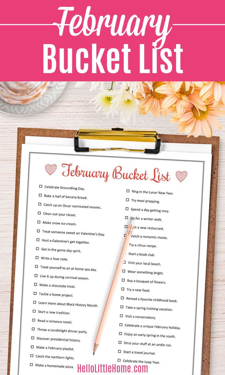 a pink and white checklist on a clipboard next to flowers with text that reads, february bucket list