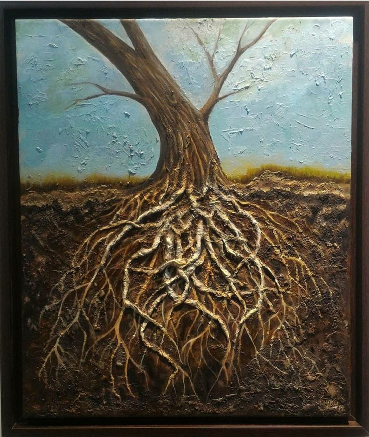 a painting of a tree with its roots exposed