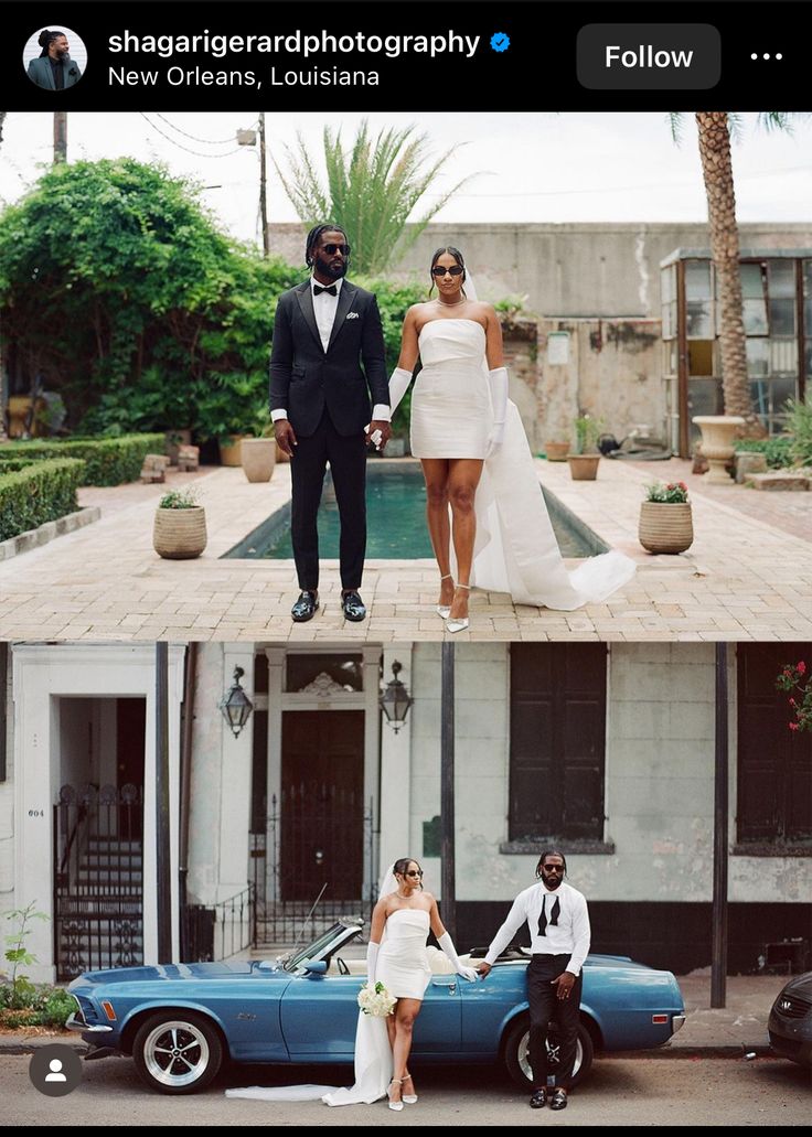 two photos, one showing a bride and groom in front of a blue convertible car