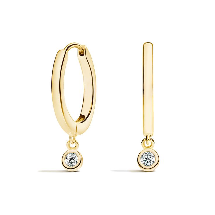 Diamond Drop Huggie Earrings - 14K Yellow Gold. These captivating huggie hoop earrings feature a dainty diamond hanging from lustrous precious metal. Secured with hinged latch backs, these diamond earrings are perfect for everyday wear. Formal White Gold Huggie Earrings With Single Diamond, Diamond Huggie Earrings With Prong Setting In Dangle Style, Huggie Diamond Earrings In Yellow Gold With Single Diamond, Yellow Gold Huggie Diamond Earrings With Single Diamond, Yellow Gold Single Diamond Huggie Earrings, Classic Dangle Huggie Earrings With Diamond Accents, Classic Small Hoop Diamond Earrings With Single Diamond, Formal 14k Gold Huggie Earrings With Single Diamond, Formal Single Diamond Hoop Earrings