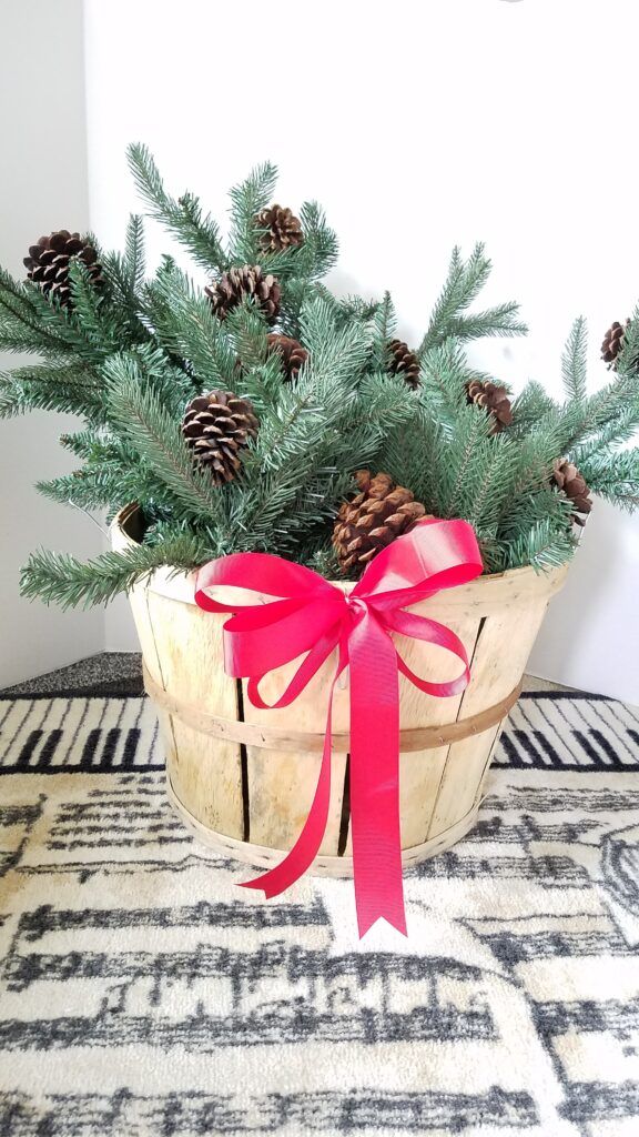 a basket filled with pine cones on top of a rug