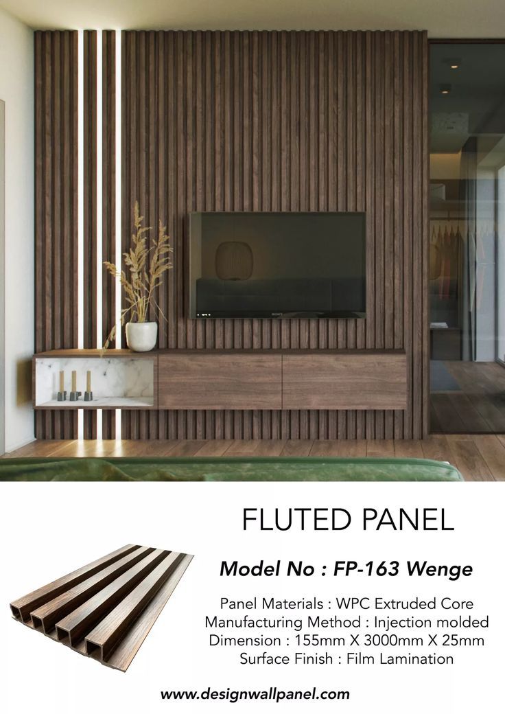 an advertisement for a modern living room with wood paneling and tv on the wall