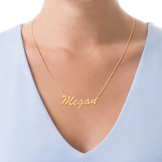 The style is in the spelling with this on-trend personalized necklace. Created in sterling silver with 14K gold plate, this elegant design showcases the name of your choice - between three and 10 characters in length - sculpted in a flowing script font. Polished to a bright shine, this moniker suspends centered along an 18.0-inch cable chain that secures with a spring-ring clasp. Classic Custom Name Necklace For Personalized Gift, Classic Personalized Nameplate Necklace, Classic Custom Necklace For Personalized Gift, Classic Name Necklace Perfect As A Gift, Classic Name Necklace As A Gift, Elegant Personalized Name Charm Necklaces, Classic Pendant Name Necklace For Anniversary, Elegant Personalized Name Charm Necklace, Classic Customizable Name Necklace As Personalized Gift