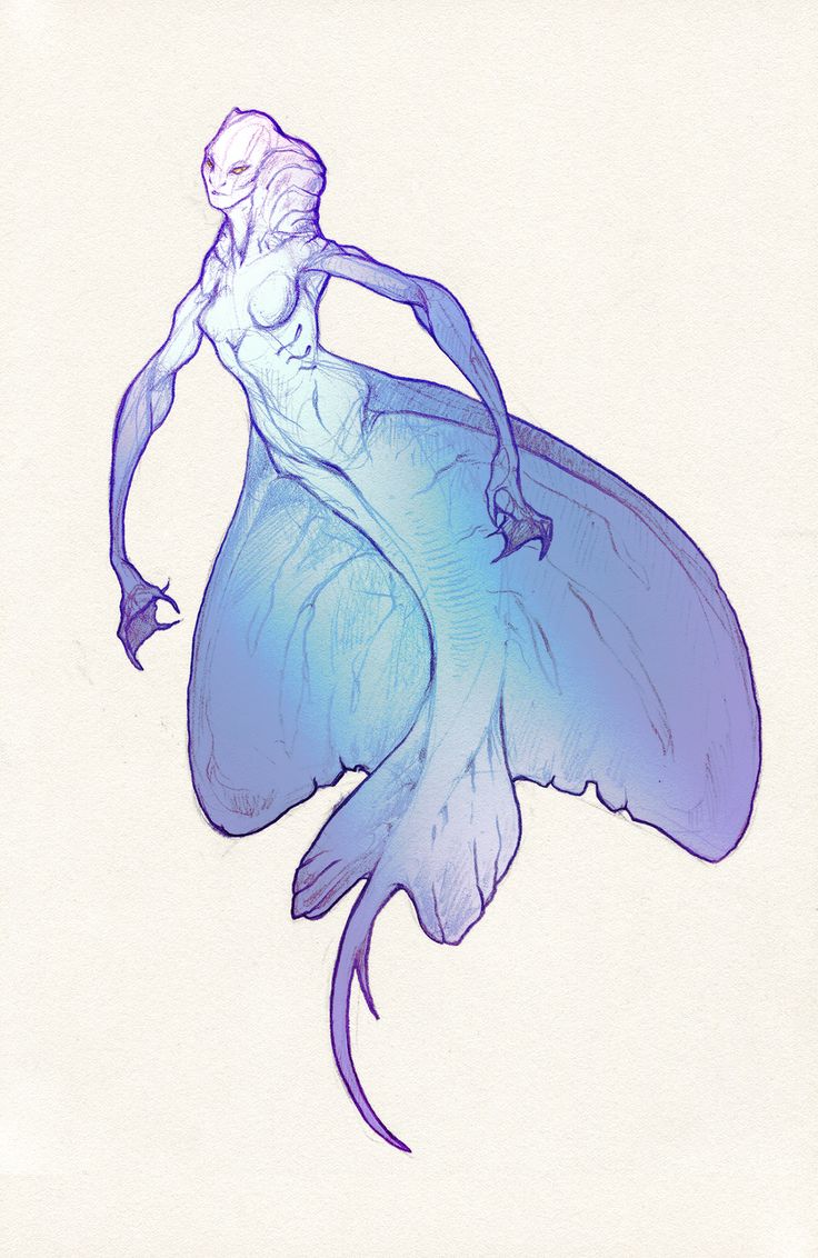 a drawing of a woman with long hair and blue dress, flying through the air