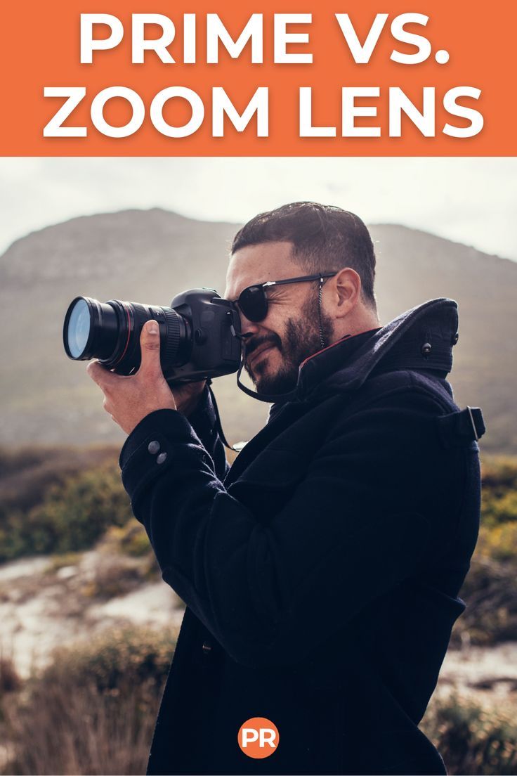 a man taking pictures with his camera text reads prime vs zoom lens