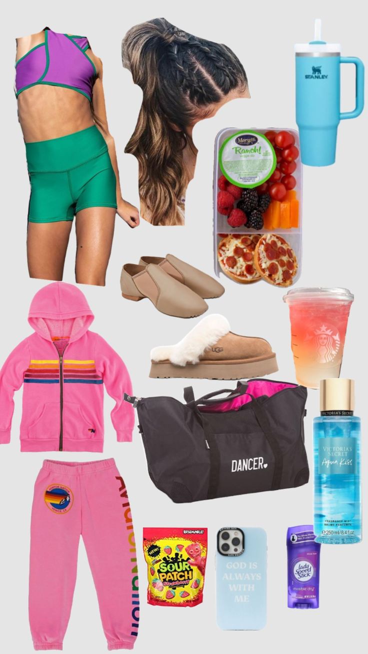 the contents of a woman's athletic outfit including shoes, water bottle and other items