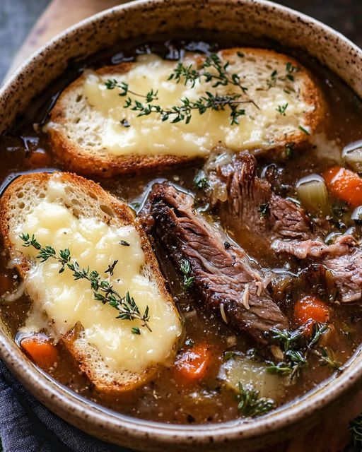 a bowl filled with beef and potatoes soup on top of a wooden table next to bread