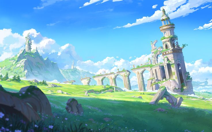 an image of a castle in the middle of a field with grass and flowers on it