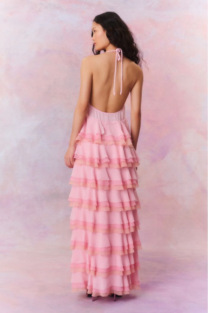 Monceau Dress- Women's Designer Luxury Dresses | LoveShackFancy Summer Ruffled Backless Dress, Summer Backless Dress With Ruffled Skirt, Pink Halter Neck Dress For Evening, Pink Halter Maxi Dress For Summer, Pink Ruffled Skirt Prom Dress, Pink Prom Dress With Ruffled Skirt, Pink Chic Maxi Halter Dress, Pink Ruffled Dress For Prom Season, Pink Evening Dress With Ruffled Skirt