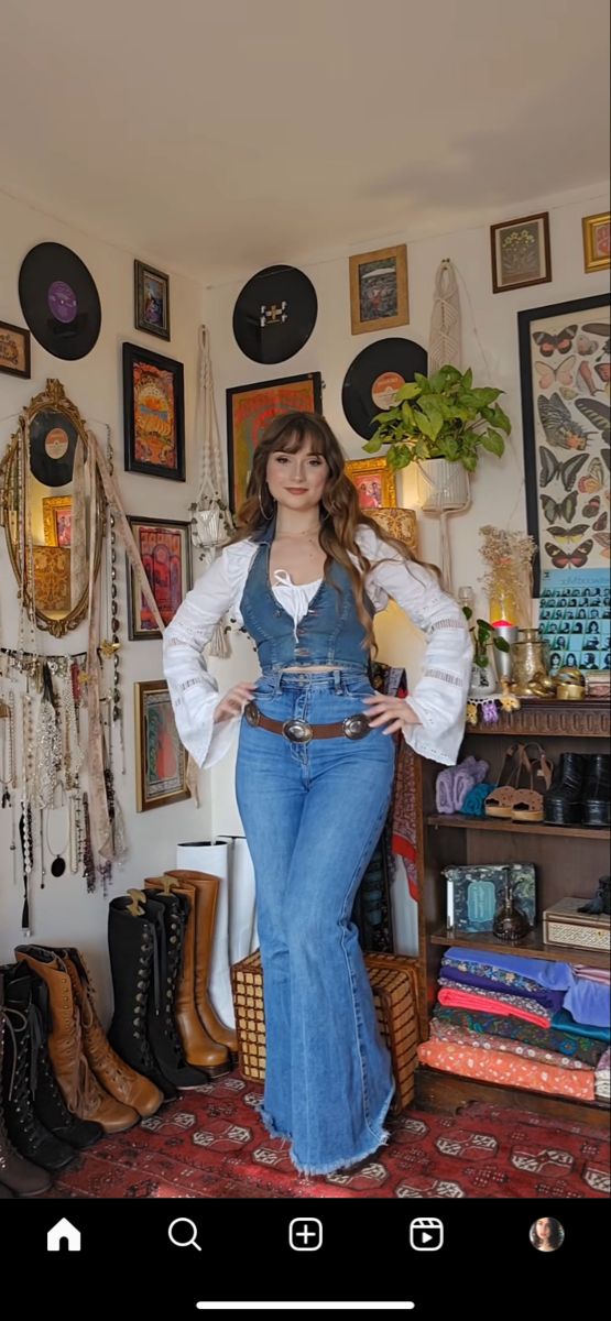 70s Fashion Inspiration Vintage, 2008 Clothes Style, Jean Vest Outfits 70s, 70s Texas Fashion, Single Clothing Items, Campy Aesthetic Fashion, 70s Fashion Midsize, Elegant Hippie Outfits, Female Farmer Outfit