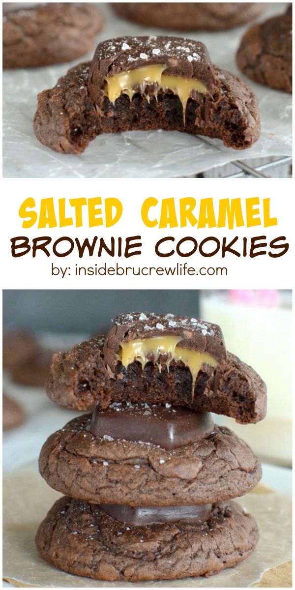 salted caramel brownie cookies stacked on top of each other