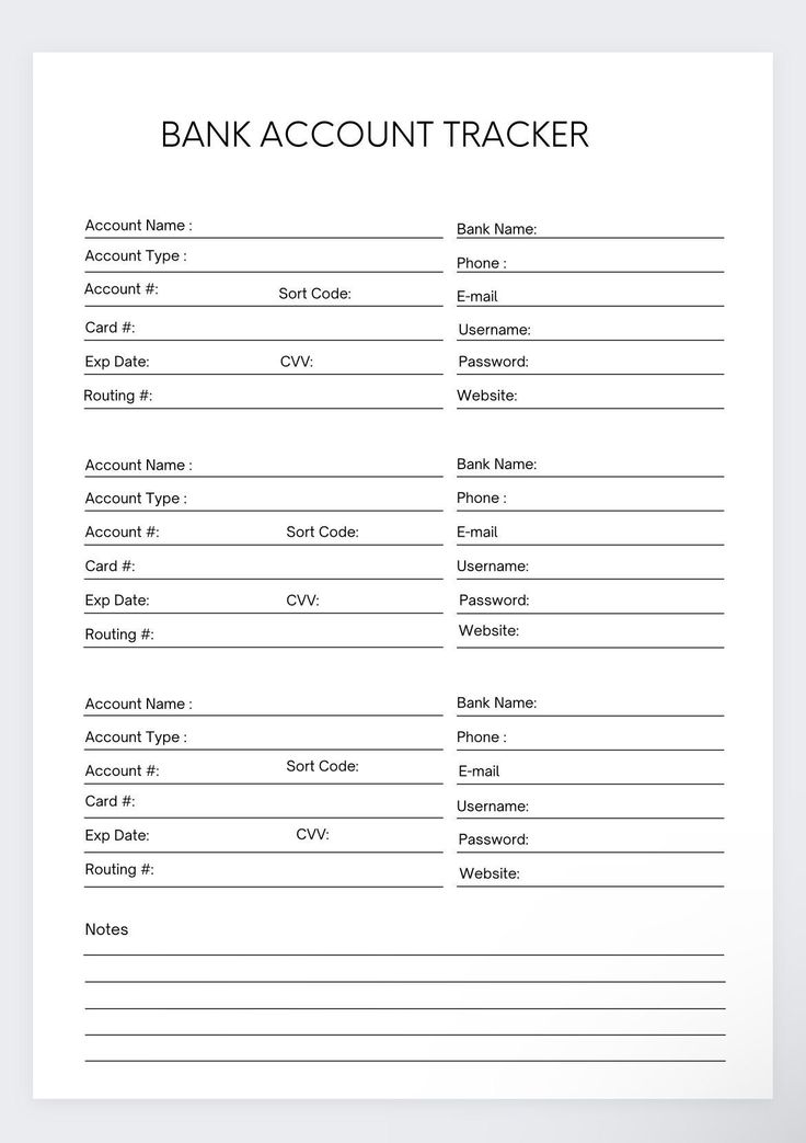 a blank bank account tracker is shown in this image, with the words bank account tracker on