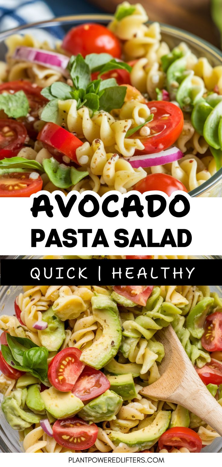 avocado pasta salad in a glass bowl with a wooden spoon on the side