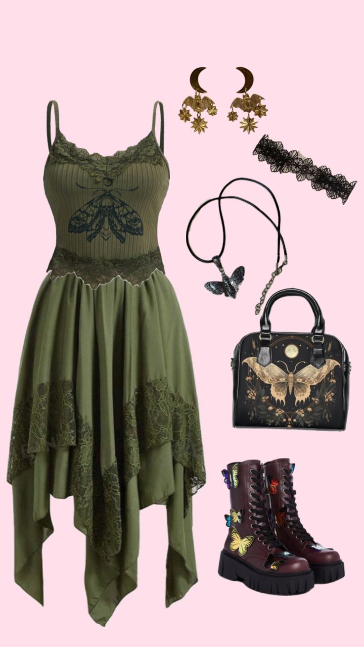 Green themed Whimsigoth outfit Gothic Aesthetic Outfit, Casual Boho Outfits, Boho Style Outfits, Gothic Clothes, Witch Outfit, Fits Clothes, Swaggy Outfits, Gothic Outfits, Goth Outfits