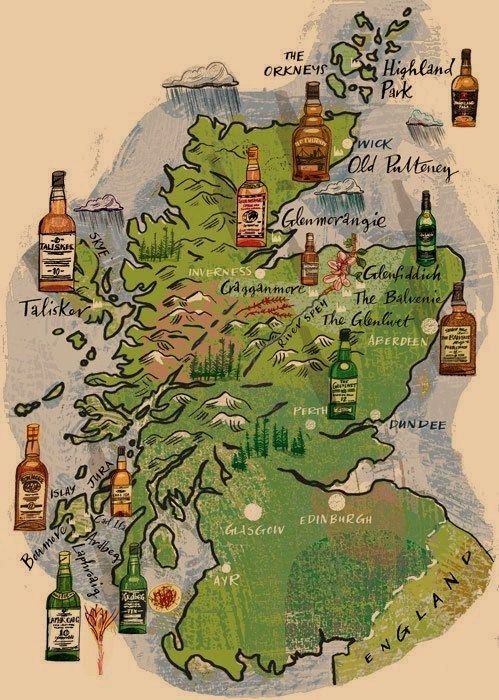 an illustrated map of ireland with different types of alcohol in bottles and the names of each country