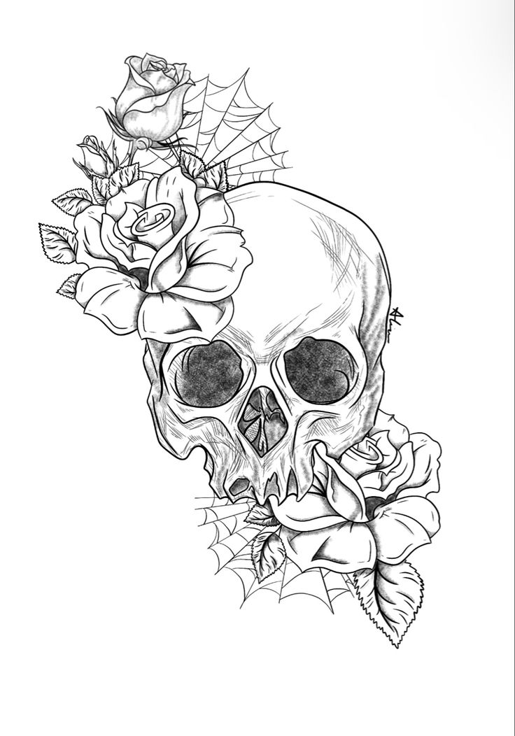 a drawing of a skull with roses on it