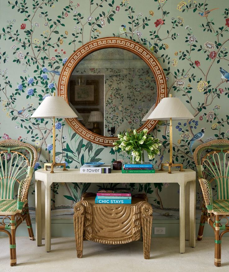 two chairs and a table in front of a mirror