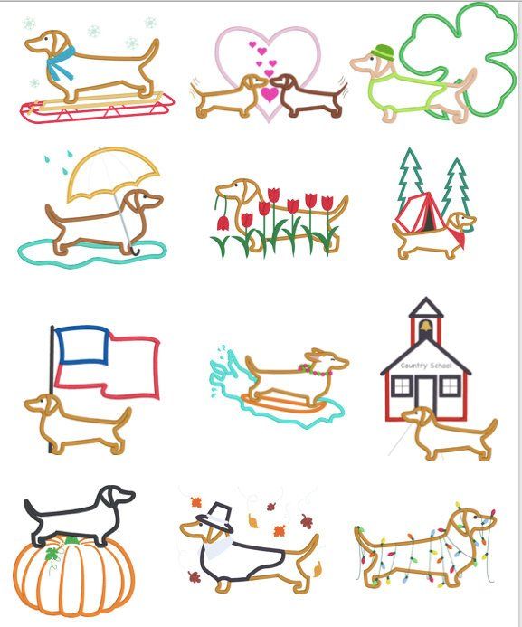 a drawing of some dogs and houses on a white sheet with red, blue, green, yellow, orange