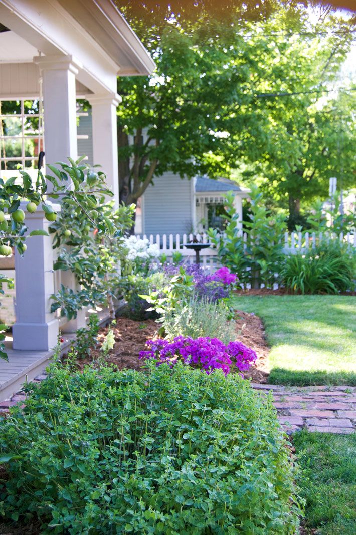 the garden is full of flowers and plants in front of a house with a white picket fence