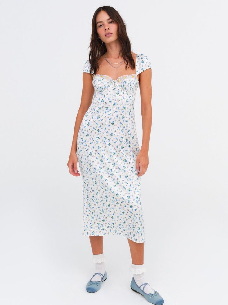 Paloma Midi Slip Dress Midi Dress Style, Midi Slip Dress, Blue Midi Dress, For Love And Lemons, Hat Hairstyles, Paloma, Floral Embroidery, White Shorts, Jumpsuit Romper