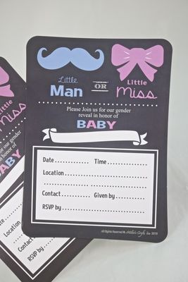 two baby shower cards with pink bows and mustaches on them