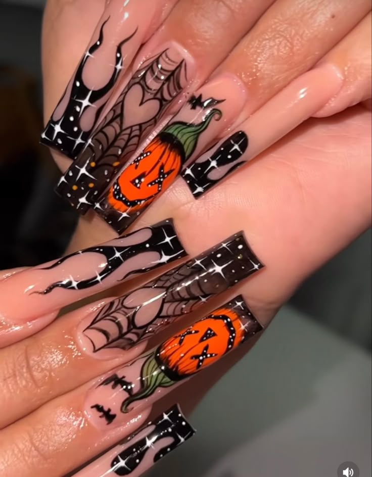 Squared Fall Acrylic Nails, Long Halloween Nail Ideas, Halloween Nails Acrylic 2023, October Nails Long, Long Fall Nails 2023, Celestial Acrylic Nails, Unique Fall Nails 2023, Spooky Nails 2023, Long Square Acrylic Nails Halloween