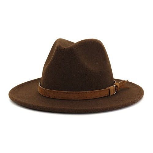 Solid color panama hat featuring single trim. Casual Wide Brim Top Hat For Fall, Casual Top Hat With Curved Brim, Casual Solid Top Hat With Curved Brim, Elegant Brown Panama Hat For Fall, Brown Short Brim Straw Hat For Fall, Brown Wide Brim Straw Hat For Fall, Fall Brown Straw Hat With Short Brim, Elegant Brown Flat Bill Hat, Classic Panama Hat For Beach In Fall